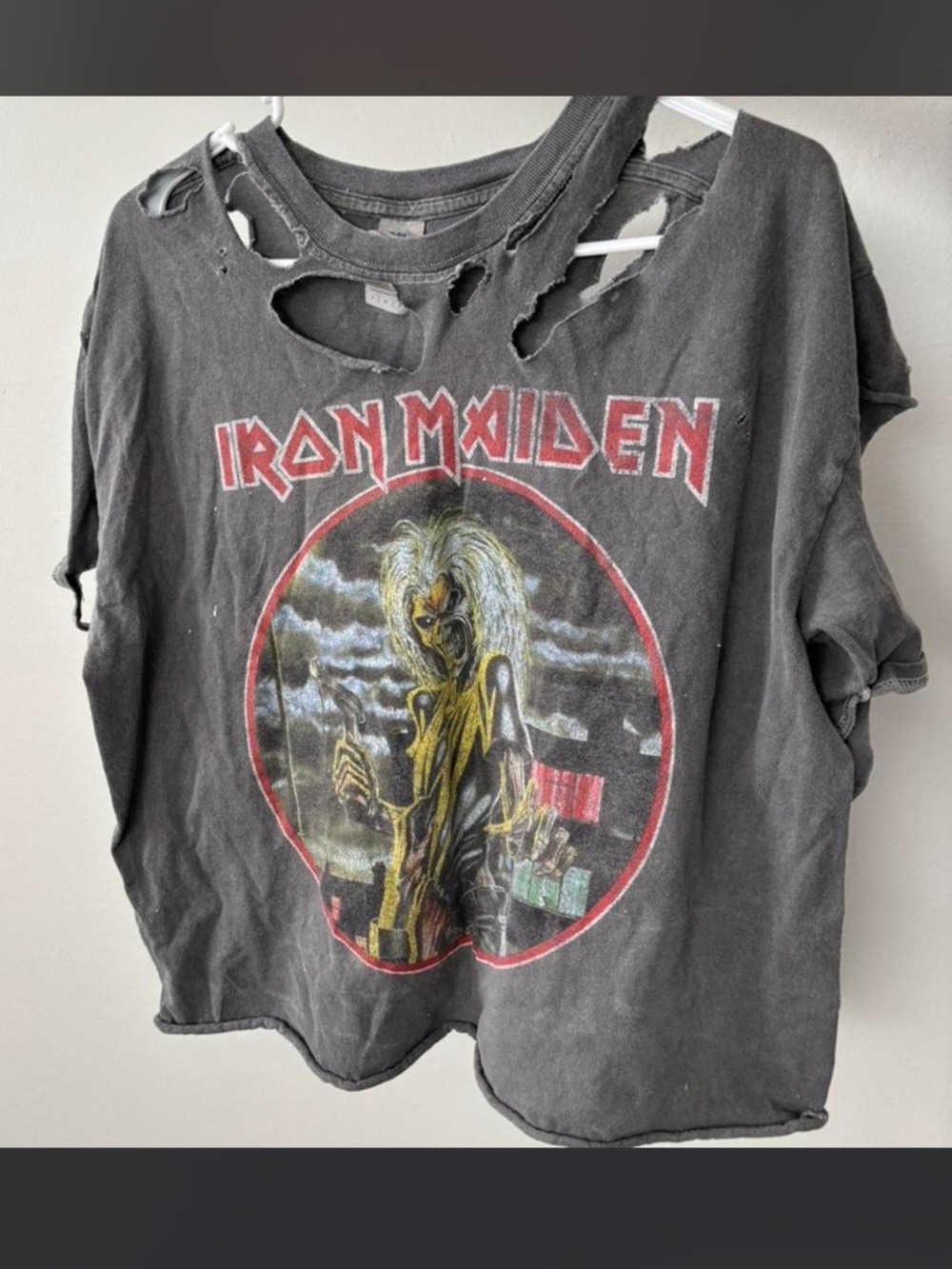 Iron Maiden Distressed Cropped Black Graphic Tee